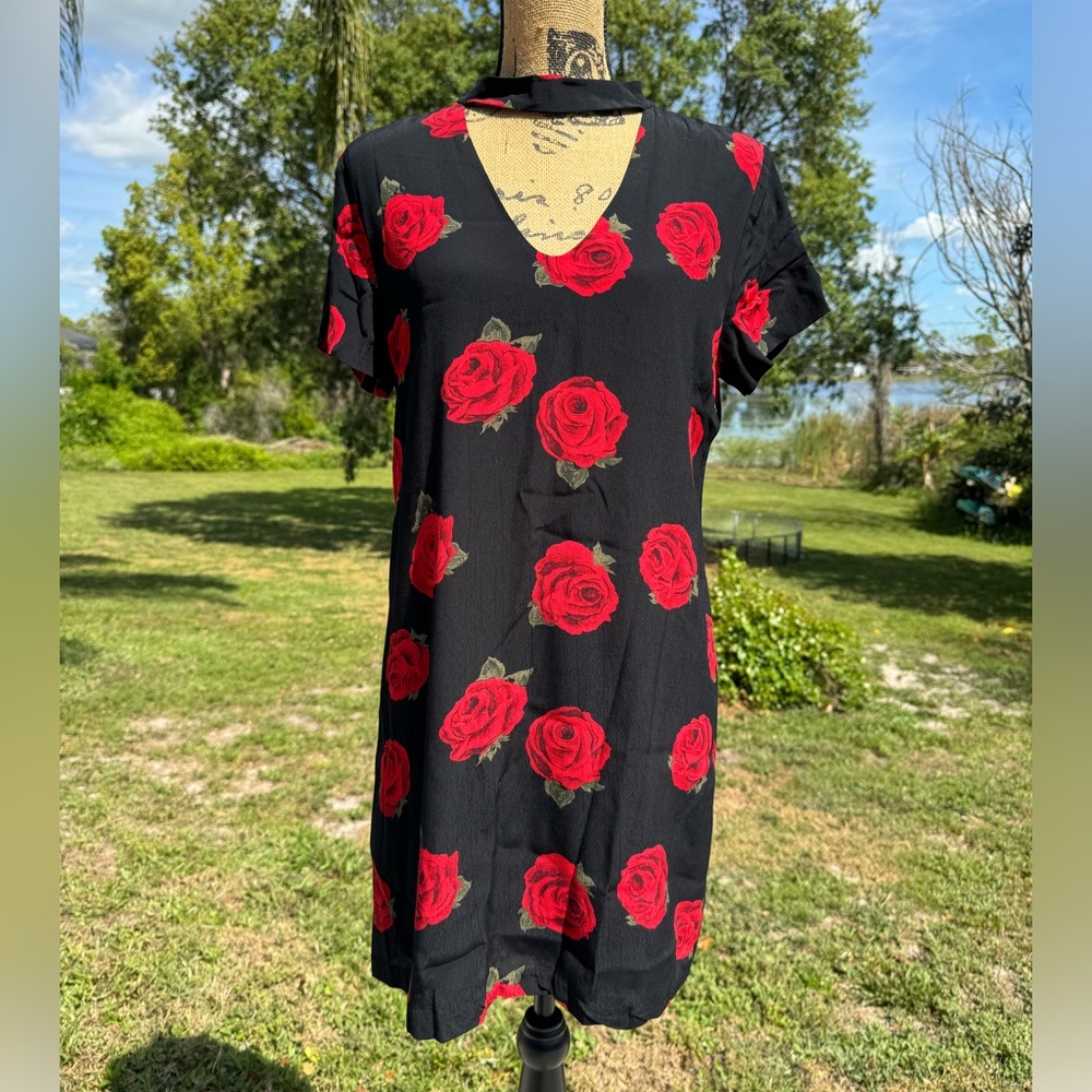 Sanctuary Madeline Rose Print Sleeve Dress Black Red Size Large